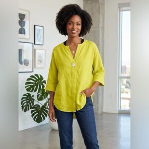 Women’s Lime Green Linen V-Neck Tunic Top